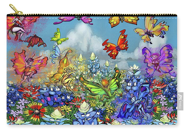 Wildflowers Zip Pouch featuring the digital art Wildflowers Pixies Bluebonnets n Butterflies by Kevin Middleton
