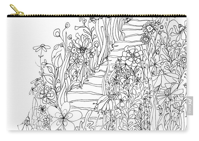 Wildflowers Stairs. Ink Drawing Art Zip Pouch featuring the drawing Wildflowers Stairs - Ink Drawing Art by Patricia Awapara