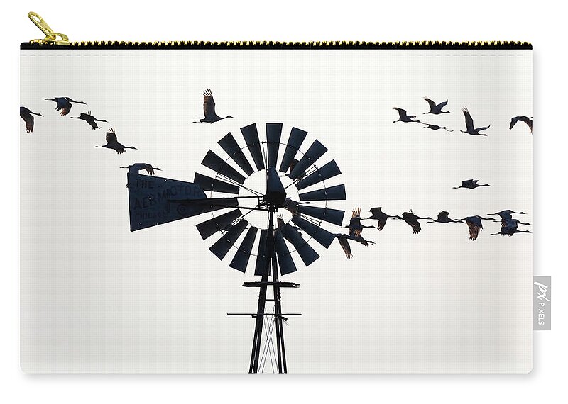 Sandhill Cranes Carry-all Pouch featuring the photograph Windmills and Sandhill Cranes by Susan Rissi Tregoning