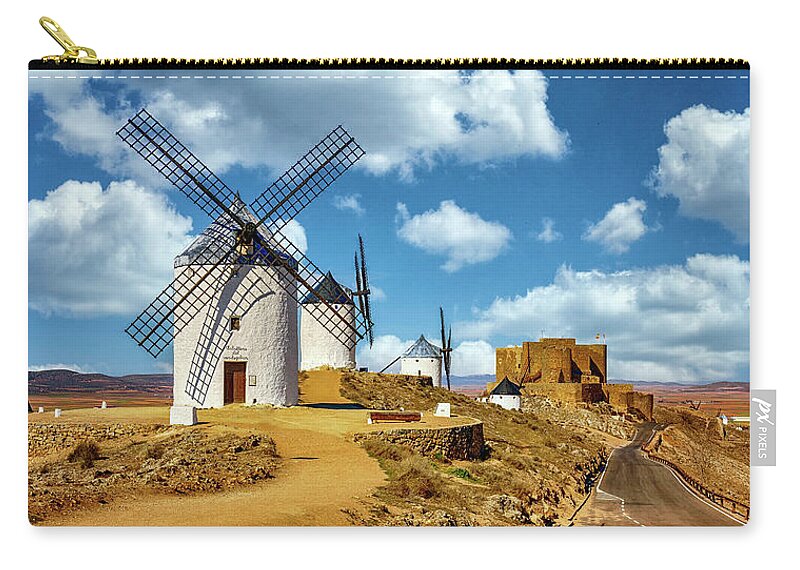 Windmills Zip Pouch featuring the photograph Windmills at Castillo de Consuegra Spain_GRK2269_020620194001-clouds by Greg Kluempers