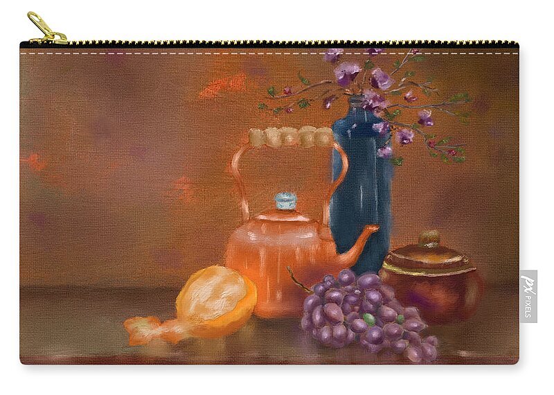 Copper Tea Pot Zip Pouch featuring the digital art Wine and Fruit Pairing by Mary Timman