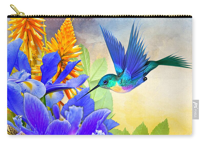 Hummingbird On Flower Zip Pouch featuring the digital art Wings of Blue by Morag Bates