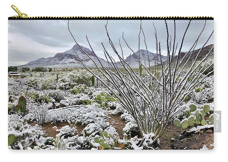 Snow Zip Pouch featuring the photograph Winter Arizona Desert by Jeff Speigner