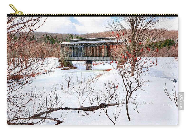 Railroad Zip Pouch featuring the photograph Winter at the Railroad Covered Bridge by Steve Brown