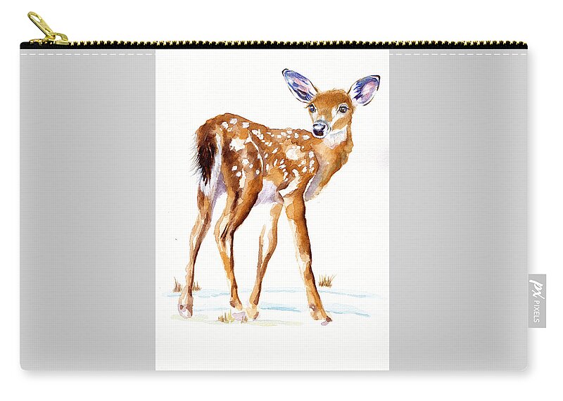 Bambi Zip Pouch featuring the painting Winter Bambi Faun by Debra Hall