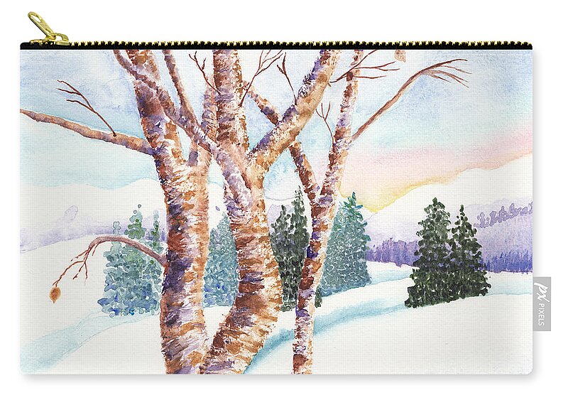 Birch Trees In Winter Zip Pouch featuring the painting Winter Birches by Conni Schaftenaar