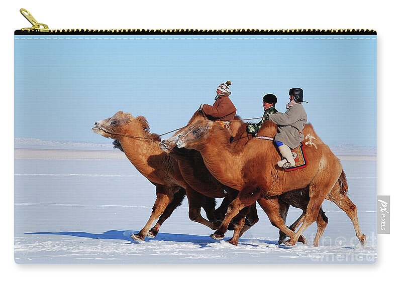 Winter Camel Racing Carry-all Pouch featuring the photograph Winter Camel racing by Elbegzaya Lkhagvasuren