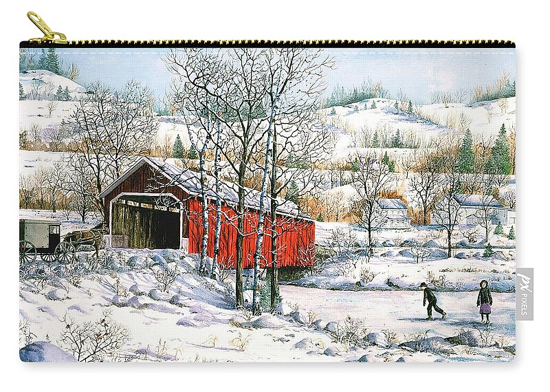 Covered Bridge Zip Pouch featuring the painting Winter Crossing by Diane Phalen
