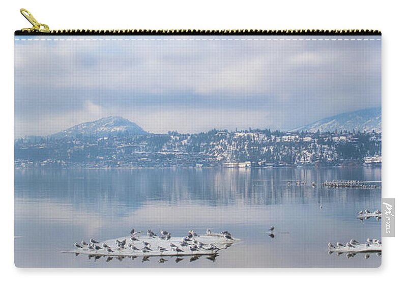 Landscape Zip Pouch featuring the photograph Winter Gulls and Reflections Wide by Allan Van Gasbeck