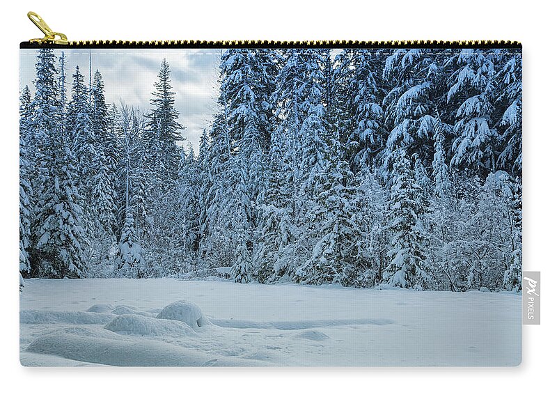 White River Snowshoeing Zip Pouch featuring the photograph Winter in Mt Hood National Forest by Kunal Mehra