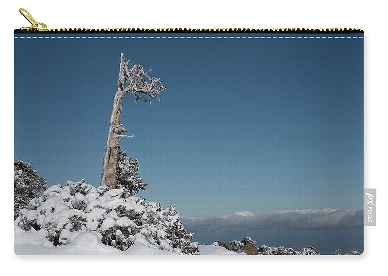 Single Tree Carry-all Pouch featuring the photograph Winter landscape in snowy mountains. frozen snowy lonely fir trees against blue sky. by Michalakis Ppalis