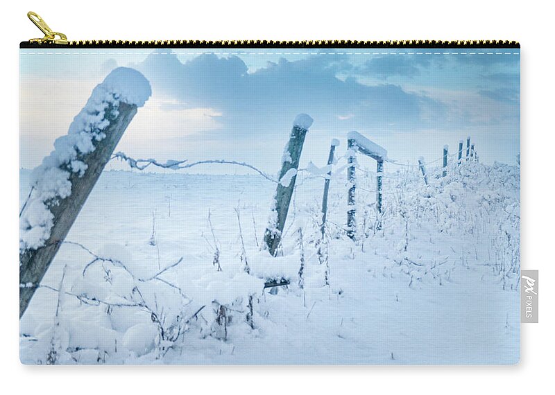 Snow Carry-all Pouch featuring the photograph Winter Sky And Snowy Fence by Karen Rispin
