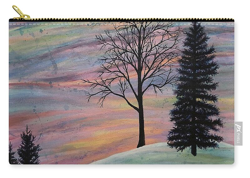 Winter Landscape; Nature; Sunrise; Trees; Evergreens Zip Pouch featuring the painting Winter Sunrise by Denise Hoag