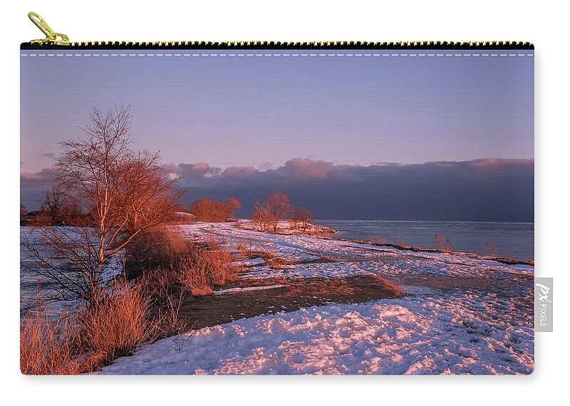 Sam Smith Park Zip Pouch featuring the photograph Winter Sunset Walkway by a Lake by John Twynam