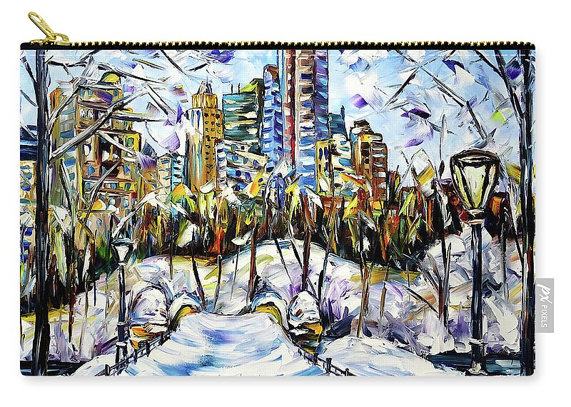New York In Winter Zip Pouch featuring the painting Winter Time In New York by Mirek Kuzniar
