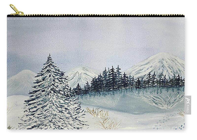 Winter Carry-all Pouch featuring the painting Winter Tree and Mountains by Lisa Neuman