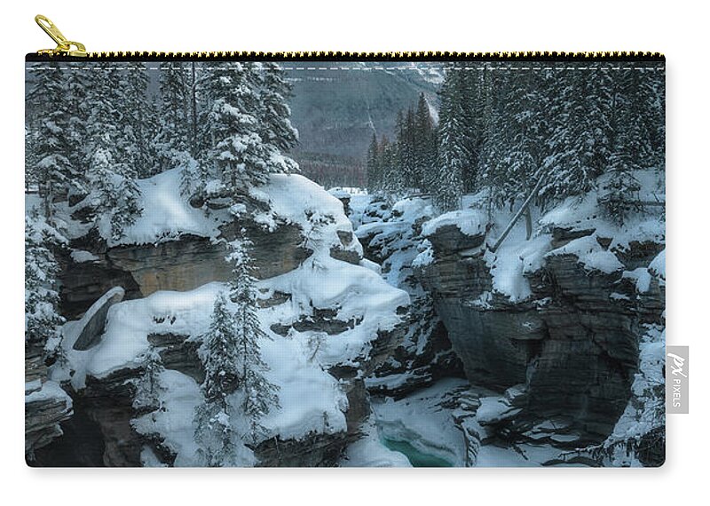 Winter Zip Pouch featuring the photograph Winter Twilight at Athabasca Falls by Henry w Liu