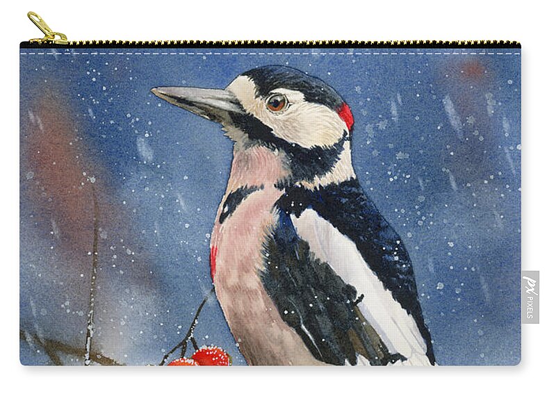 Bird Carry-all Pouch featuring the painting Winter Woodpecker by Espero Art