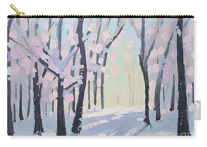  Zip Pouch featuring the painting Winterlandscape 2 Painting winter tranquility trees white river by N Akkash