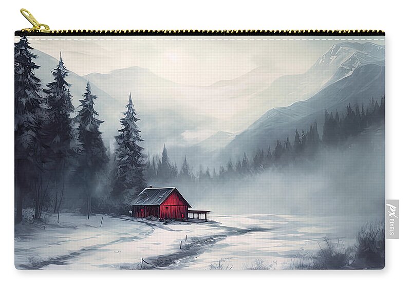 Red And Gray Art Zip Pouch featuring the painting Winter's Whisper - Winter Wonderland Art by Lourry Legarde