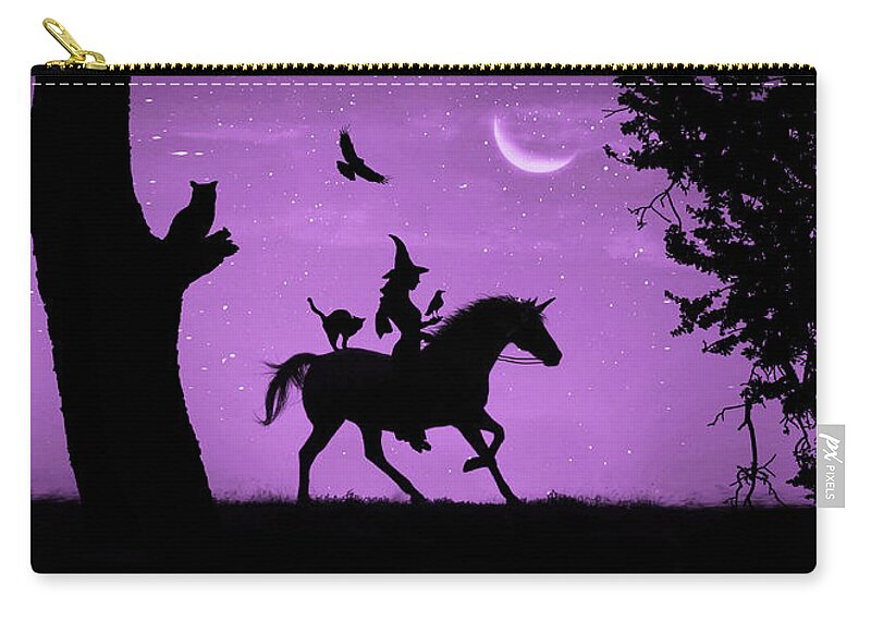 Halloween Zip Pouch featuring the photograph Witch Ravens Unicorn Oak Cat and Crescent Moon Fantasy Fun Halloween by Stephanie Laird