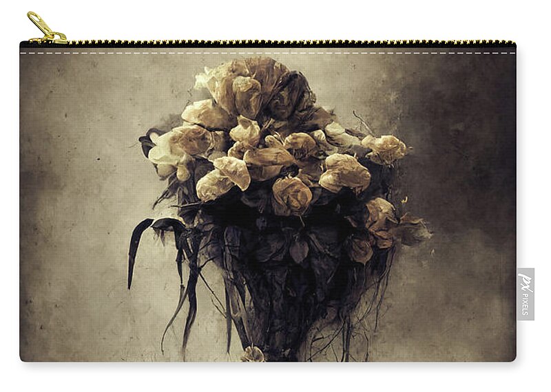 Melancholic Zip Pouch featuring the digital art Withered Forlorn Flowers in a Vase 01 Melancholic Mood by Matthias Hauser