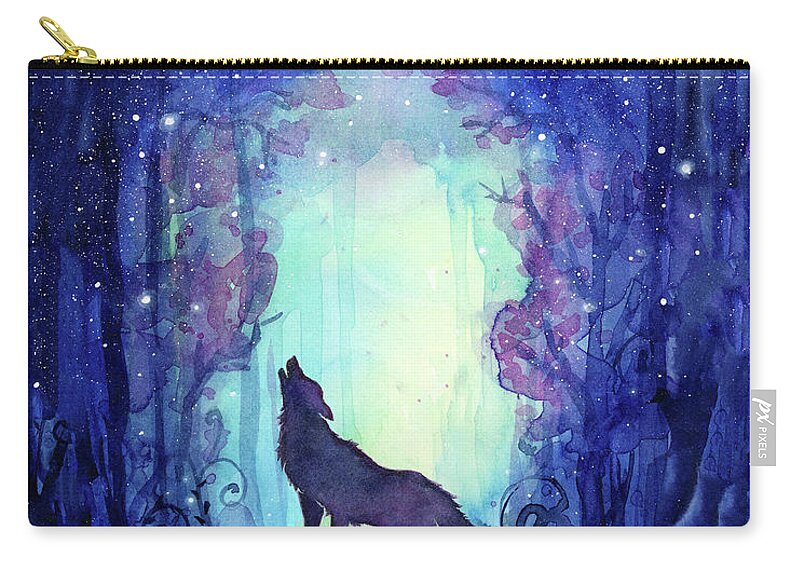 Forest Zip Pouch featuring the painting Wolf Howling in Galaxy Forest by Olga Shvartsur