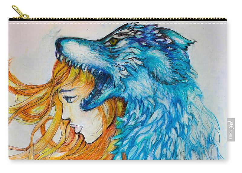 Wolf Zip Pouch featuring the drawing Wolf in the Willow by Marat Essex