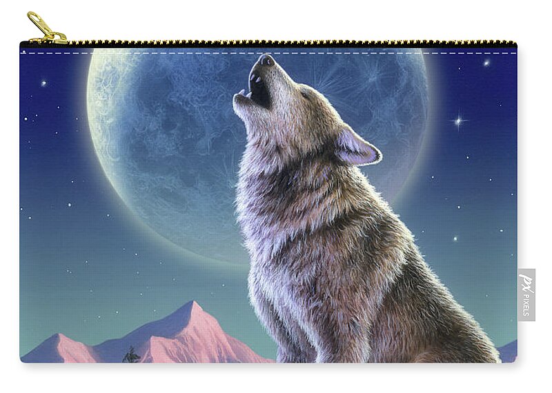 Wolf Zip Pouch featuring the mixed media Wolf Moon by Jerry LoFaro
