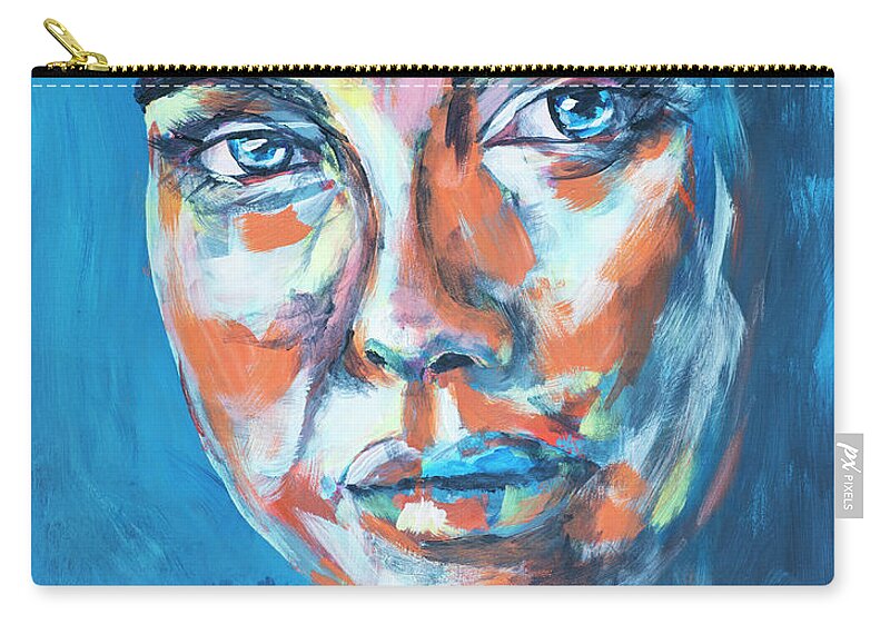 Woman Zip Pouch featuring the painting Woman on Blue by Mark Ross