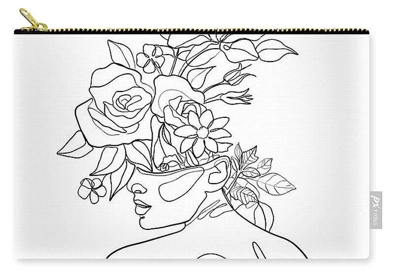Women with flowers head one line art Zip Pouch by Ros Ruseva - Pixels