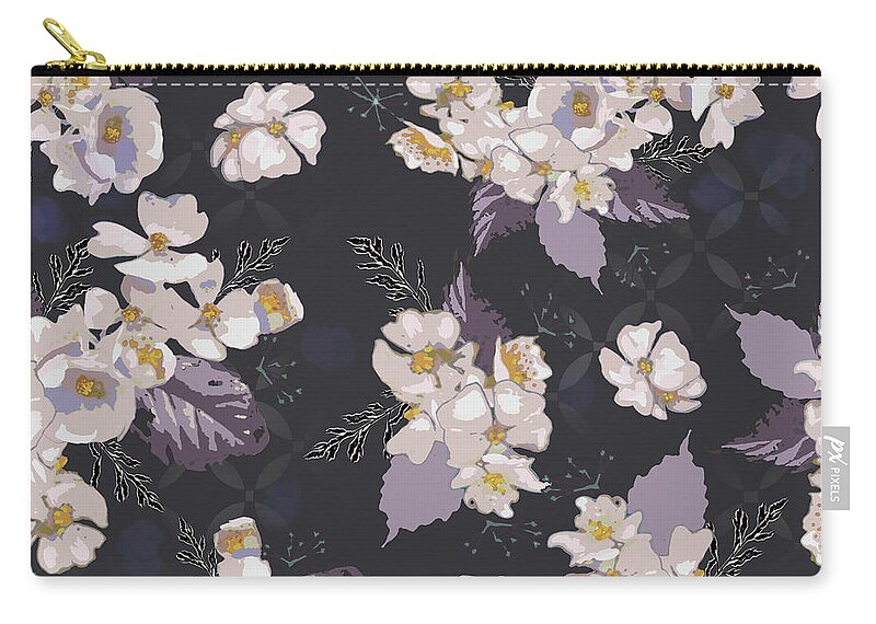 Roses Carry-all Pouch featuring the digital art Woodcut Wild Roses Plum Pattern by Sand And Chi