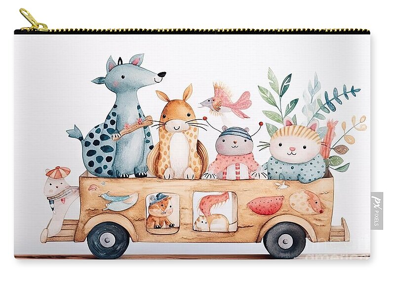 Animal Zip Pouch featuring the painting Wooden car with cute animals. Watercolor illustration. Kids decor. by N Akkash
