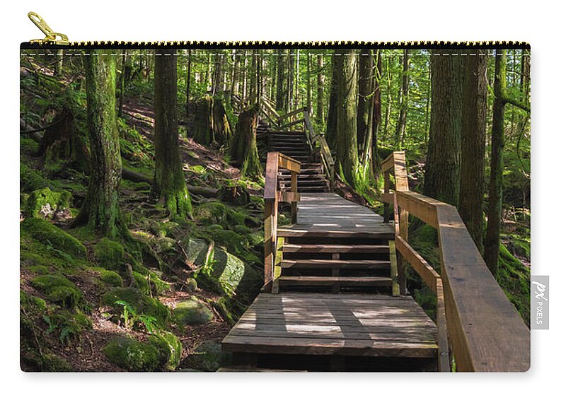 Alex Lyubar Zip Pouch featuring the photograph Wooden Staircase on a Hiking Trail by Alex Lyubar