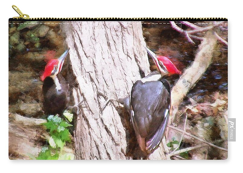 Woodpeckers Carry-all Pouch featuring the mixed media Woodpeckers by the Stream by Christopher Reed