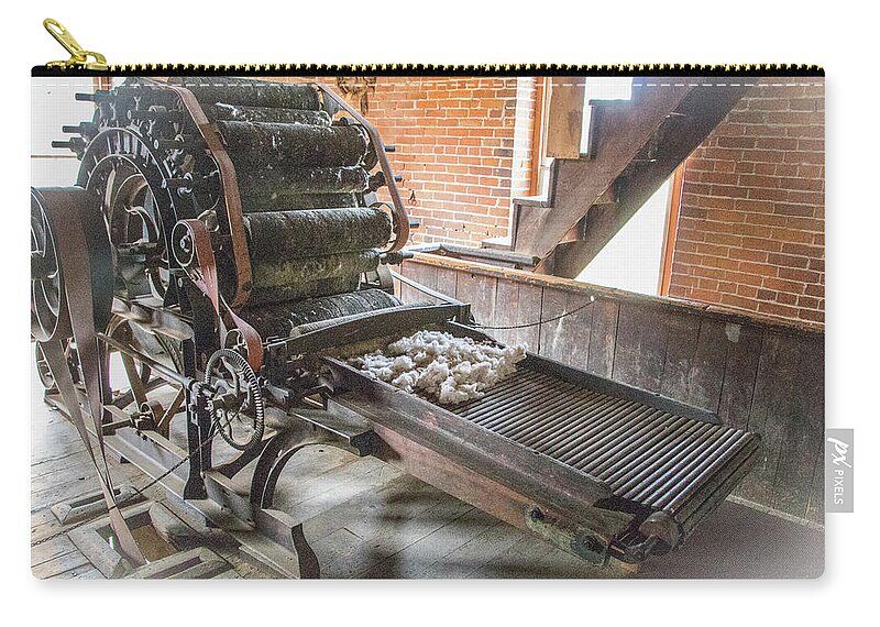 2017 Zip Pouch featuring the photograph Wool Carder at Old Mill by Gerri Bigler