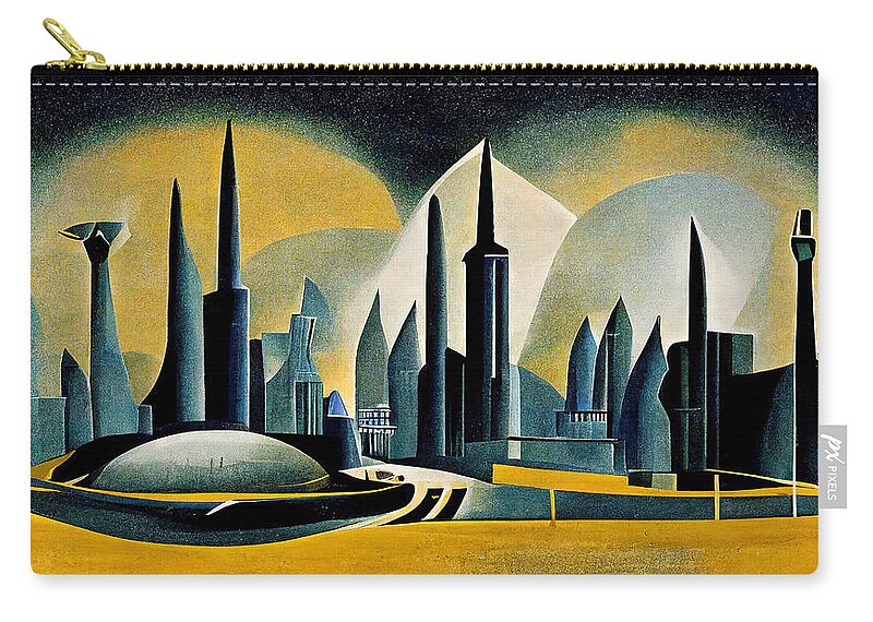 Cyberpunk Zip Pouch featuring the painting World of Tomorrow, 07 by AM FineArtPrints