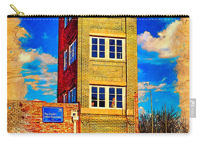 World's Littlest Skyscraper Zip Pouch featuring the digital art World's littlest skyscraper, The Newby-McMahon Building, in Wichita Falls - digital painting by Nicko Prints