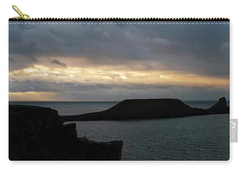 Panorama Zip Pouch featuring the photograph Worms Head Rhossili Bay Gower Coast Wales by Sonny Ryse