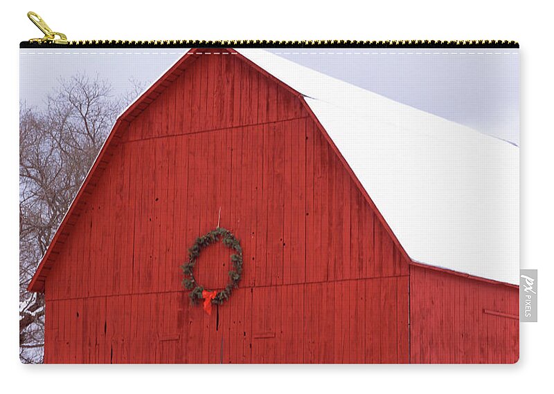 Agricultural Building Agriculture Architecture Bare Tree Barn Building Exterior Celebration Christmas Cold Farm Farmhouse Field Frozen Leelanau County Leland Michigan Red Rural Scene Traditional Culture Travel Destinations Usa Winter Wreath Cold Temperature Color Image Covering Day Gable Hanging No People Outdoors Photography Sky Snow Vertical Built Structure Building Structure Zip Pouch featuring the photograph Wreath hanging on a barn, Leland, Leelanau County, Michigan, USA by Panoramic Images
