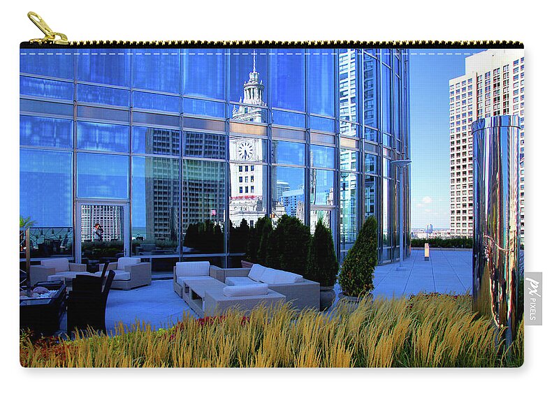 Architecture Zip Pouch featuring the photograph Wrigley Clock Tower Reflection by Patrick Malon