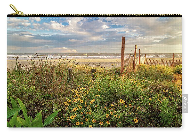 Yellow Flowers Zip Pouch featuring the photograph Yellow Flowers At Galveston Beach by James Eddy