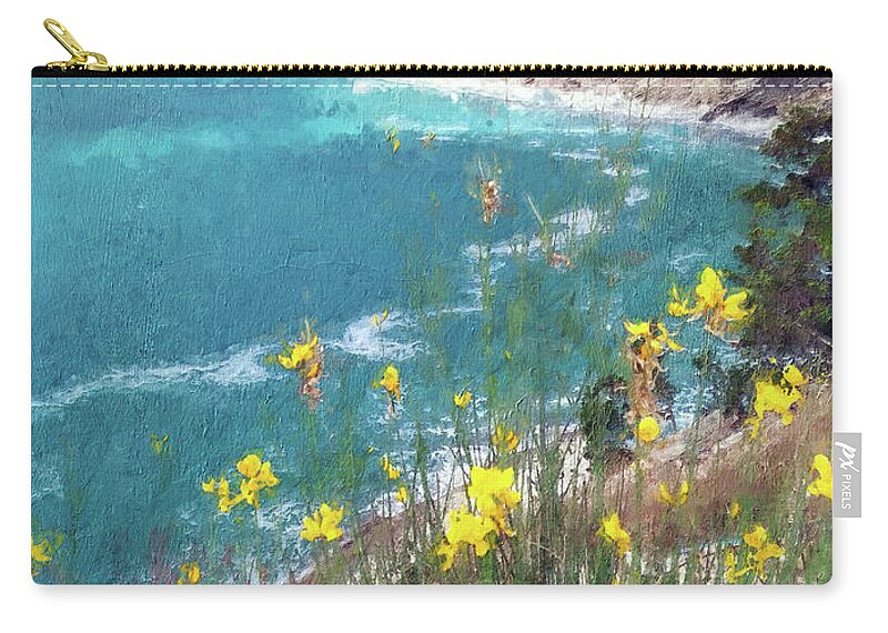 Sea Flowers Zip Pouch featuring the painting Yellow Flowers over the Sea Bay by Alex Mir
