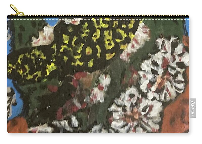 Paintings Of Lizards Carry-all Pouch featuring the mixed media Yellow lizard Cactus Flowers by Bencasso Barnesquiat