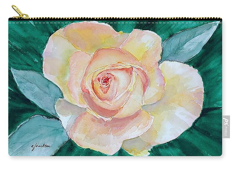 Yellow Zip Pouch featuring the painting Yellow-Pink Rose - Watercolor by Claudette Carlton