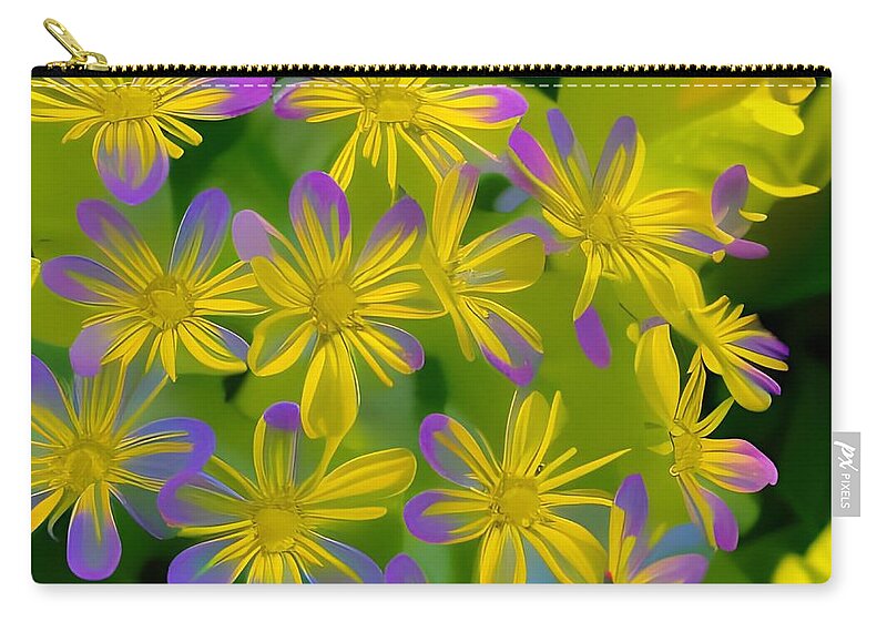 Digital Flowers Yellow Purple Zip Pouch featuring the digital art Yellow purple Flowers by Beverly Read