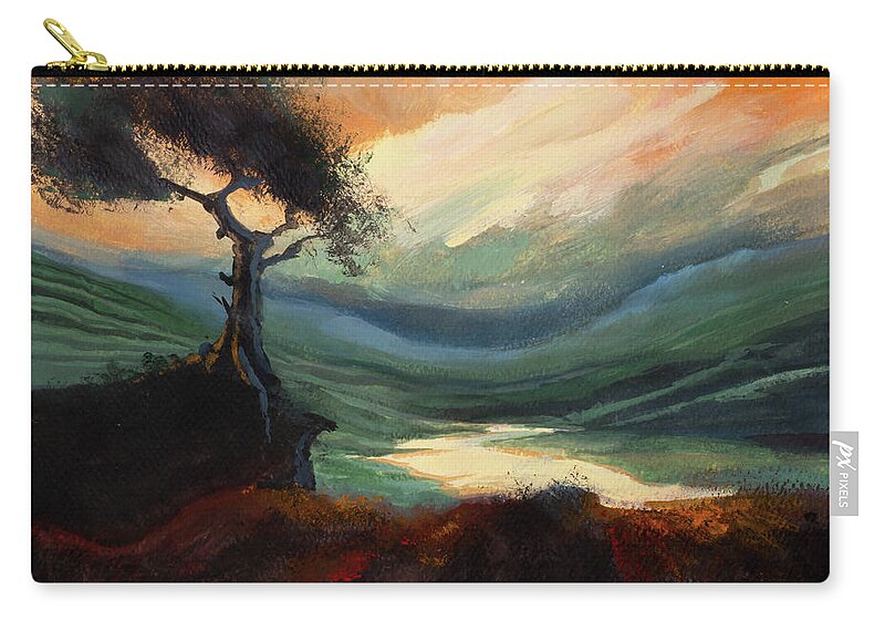 #creativity #art&mindfulness #socialresponsibility #artforworkers #mindfulness Zip Pouch featuring the painting Yellow Sunset Hills by Veronica Huacuja