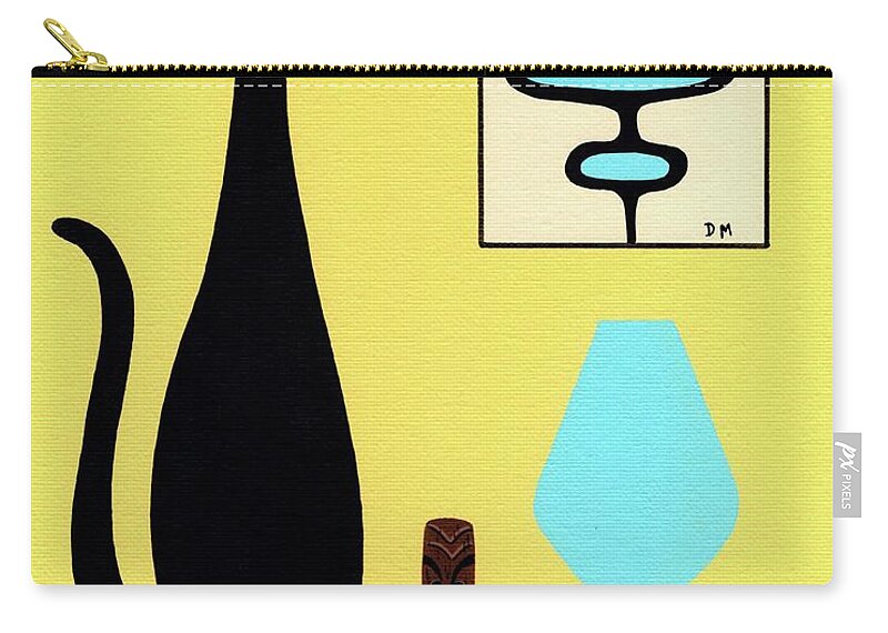 Mid Century Modern Black Cat Zip Pouch featuring the painting Yellow Tabletop Cat Beehive Lamp by Donna Mibus