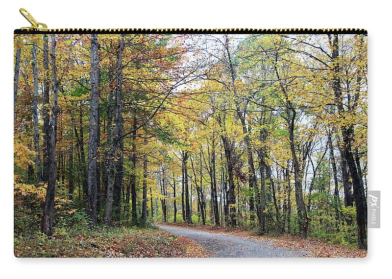 Yellow Trees Along The Road Zip Pouch featuring the photograph Yellow Trees Along the Road by Angela Murdock