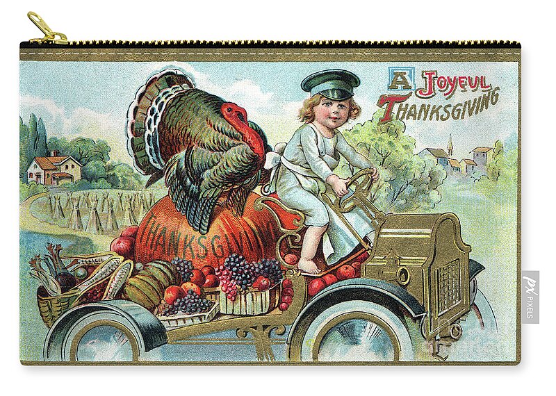 Thanksgiving Zip Pouch featuring the digital art Young girl in a white apron driving a Thanksgiving delivery truck by Pete Klinger